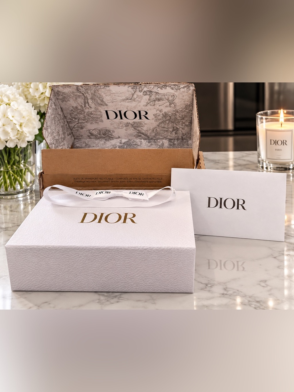 White Dior Box, Tissue Paper, Dior Ribbon, Envelope and Cardboard Box.